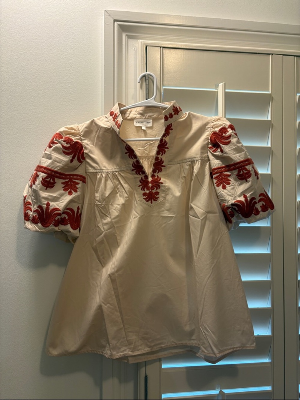entro Cream Peasant Blouse with Red Embroidery - Picture 3 of 7